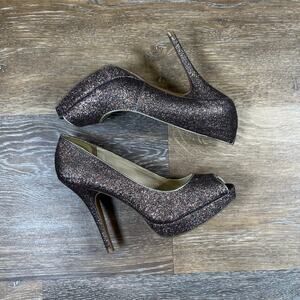 Steve Madden Womens Shoe Brown Glitter Open Toe 5" Heel Platform Size 9